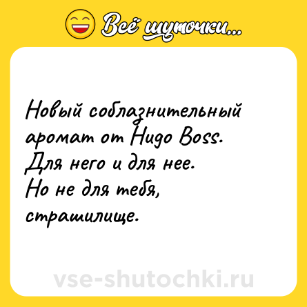 Шутка: Новый соблазнительный аромат от Hugo Boss. <br>Для него и для нее. <br>Но не для тебя, страшилище.