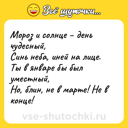 Шутка: Мороз и солнце – день чудесный,<br>Синь неба, иней на лице.<br>Ты в январе бы был уместный,<br>Но, блин, не в марте! Не в конце!