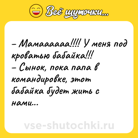 Шутка: – Мамаааааа!!!! У меня под кроватью бабайка!!!<br>– Сынок, пока папа в командировке, этот бабайка будет жить с нами...
