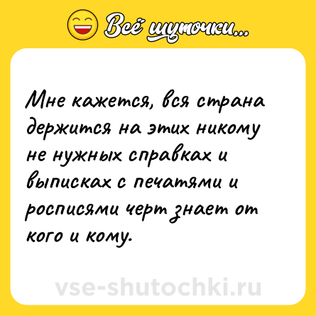 Шутка: Мне кажется, вся страна держится на этих никому не нужных справках и выписках с печатями и росписями черт знает от кого и кому.