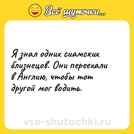 Шутка: Я знал одних сиамских близнецов. Они переехали в Англию, чтобы тот другой мог водить.