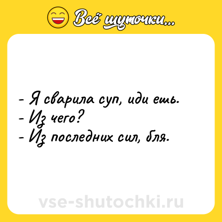 Шутка: - Я сварила суп, иди ешь.<br>- Из чего?<br>- Из последних сил, бля.