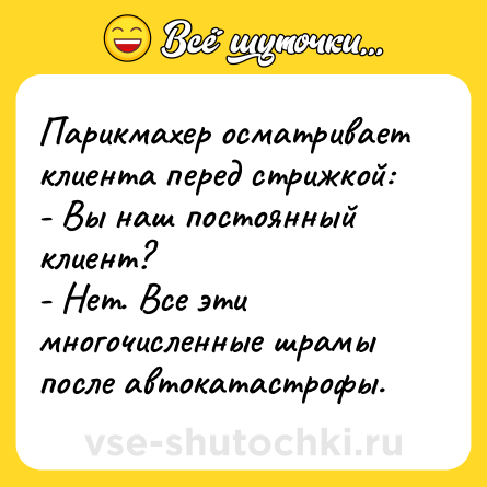 Шутка: Парикмахер осматривает клиента перед стрижкой:<br>- Вы наш постоянный клиент?<br>- Нет. Все эти многочисленные шрамы после автокатастрофы.