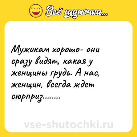 Шутка: Мужикам хорошо- они сразу видят, какая у женщины грудь. А нас, женщин, всегда ждет сюрприз........