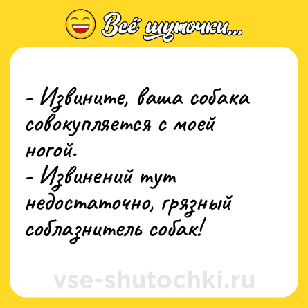 Шутка: - Извините, ваша собака совокупляется с моей ногой.<br>- Извинений тут недостаточно, грязный соблазнитель собак!