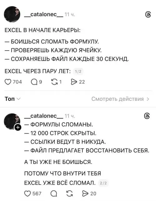 Эволюция офисного планктона 📊🤡 - EXCEL В НАЧАЛЕ КАРЬЕРЫ: БОИШЬСЯ СЛОМАТЬ ФОРМУЛУ. ПРОВЕРЯЕШЬ КАЖДУЮ ЯЧЕЙКУ.