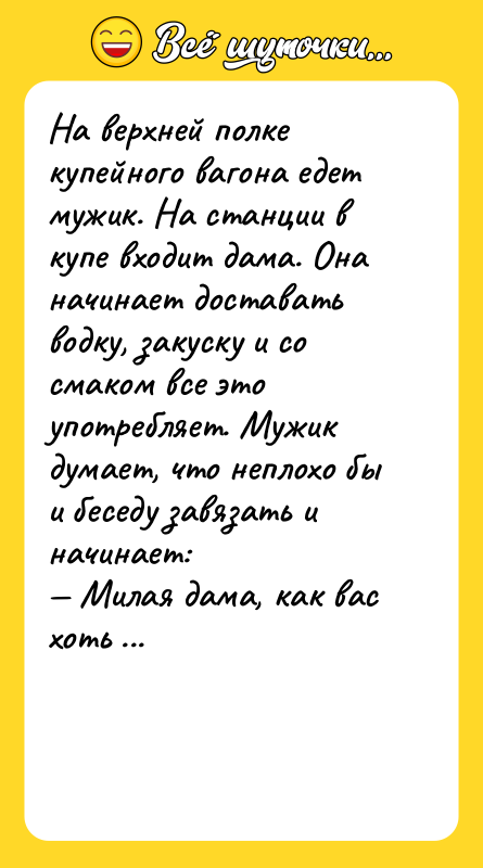 На верхней полке купейного вагона едет мужик. На станции в