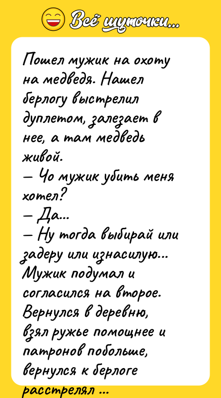 Пошел мужик на охоту на медведя. Нашел берлогу выстрелил дуплетом,