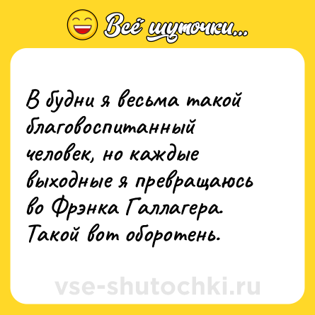 Шутка: В будни я весьма такой благовоспитанный человек, но каждые выходные я превращаюсь во Фрэнка Галлагера. Такой вот оборотень.