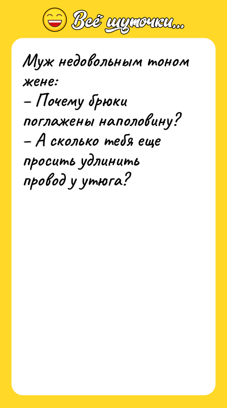 Муж недовольным тоном жене: – Почему брюки поглажены наполовину? –