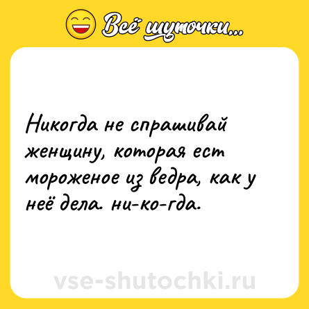 Шутка: Никогда не спрашивай женщину, которая ест мороженое из ведра, как у неё дела. ни-ко-гда.