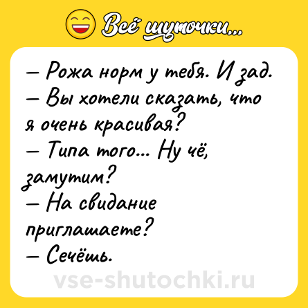 Шутка: Рожа норм у тебя. И зад. Вы хотели сказать, что я очень красивая? Типа того... Ну чё, замутим? На свидание приглашаете? Сечёшь.