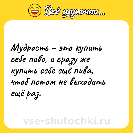 Шутка: Мудрость – это купить себе пиво, и сразу же купить себе ещё пива, чтоб потом не выходить ещё раз.