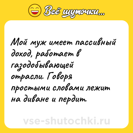 Шутка: Мой муж имеет пассивный доход, работает в газодобывающей отрасли. Говоря простыми словами лежит на диване и пердит.