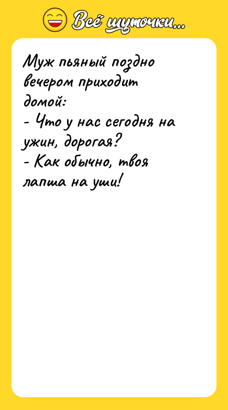 Муж пьяный поздно вечером приходит домой:  - Что у