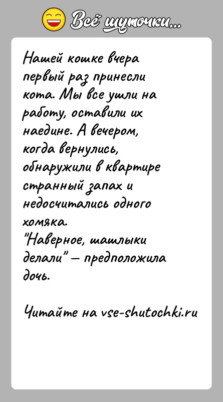 История: Нашей кошке вчера первый раз принесли кота. Мы все ушли на работу, оставили их наедине. А вечером, когда вернулись, обнаружили