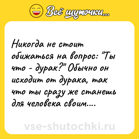Шутка: Никогда не стоит обижаться на вопрос: "Ты что - дурак?" Обычно он исходит от дурака, так что ты сразу же станешь для человека своим....