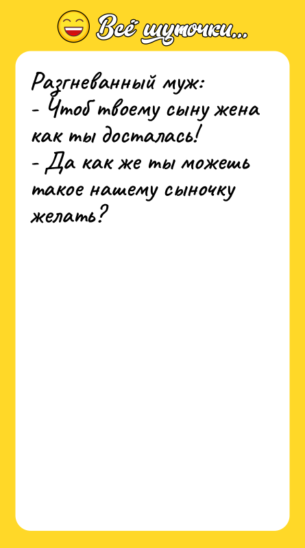 Разгневанный муж: - Чтоб твоему сыну жена как ты досталась!
