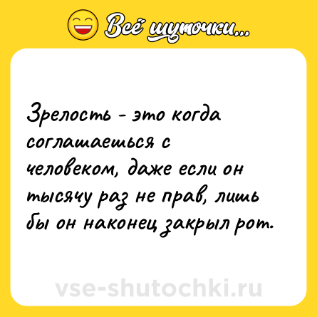 Шутка: Зрелость - это когда соглашаешься с человеком, даже если он тысячу раз не прав, лишь бы он наконец закрыл рот.