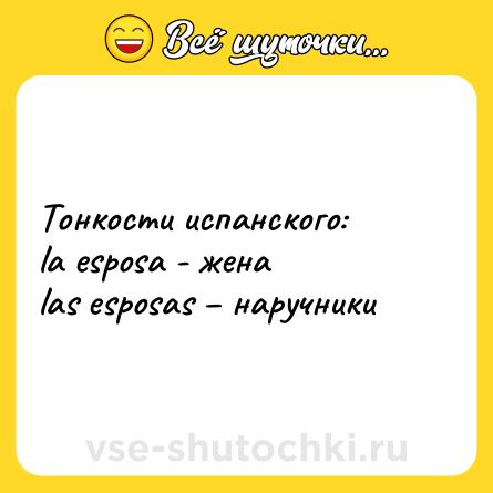 Шутка: Тонкости испанского:<br>la esposa - жена <br>las esposas – наручники