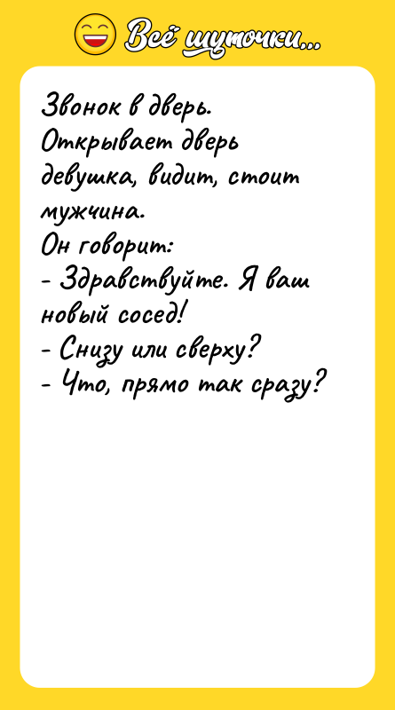 Звонок в дверь. Открывает дверь девушка, видит, стоит мужчина. 