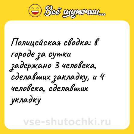 Шутка: Полицейская сводка: в городе за сутки задержано 3 человека, сделавших закладку, и 4 человека, сделавших укладку