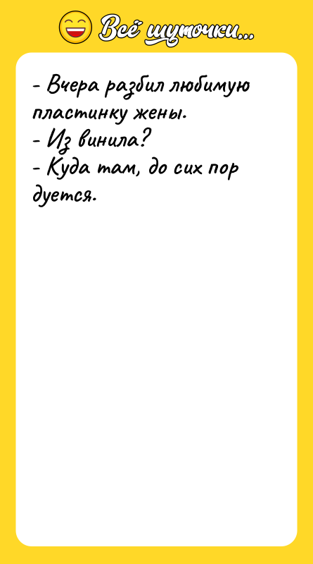 - Вчера разбил любимую пластинку жены. - Из винила?