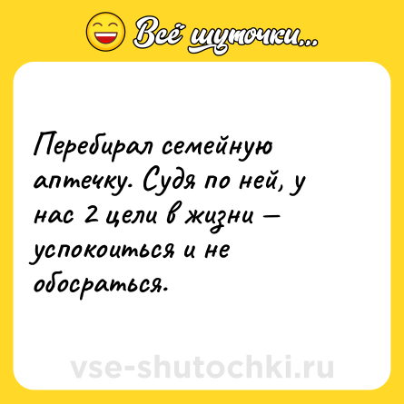 Шутка: Перебирал семейную аптечку. Судя по ней, у нас 2 цели в жизни — успокоиться и не обосраться.