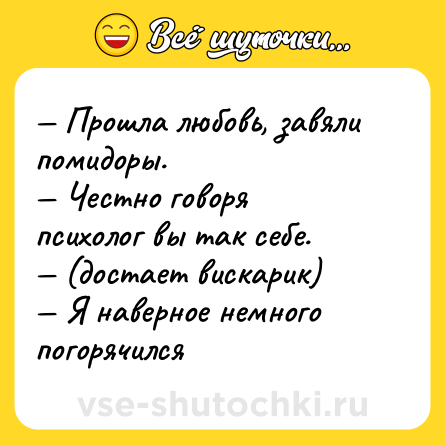 Шутка: — Прошла любовь, завяли помидоры. <br>— Честно говоря психолог вы так себе. <br>— (достает вискарик) <br>— Я наверное немного погорячился