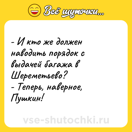 Шутка: - И кто же должен наводить порядок с выдачей багажа в Шереметьево?<br>- Теперь, наверное, Пушкин!