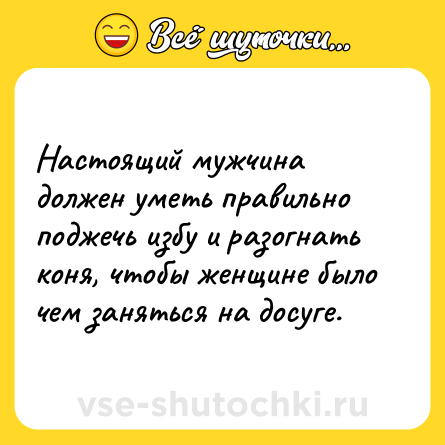 Шутка: Настоящий мужчина должен уметь правильно поджечь избу и разогнать коня, чтобы женщине было чем заняться на досуге.