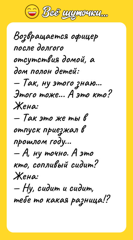 Возвращается офицер после долгого отсутствия домой, а дом полон детей:
