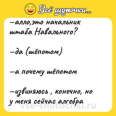 Шутка: —алло,это начальник штаба Навального?<br><br>—да (шёпотом)<br><br>—а почему шёпотом<br><br>—извиняюсь , конечно, но у меня сейчас алгебра
