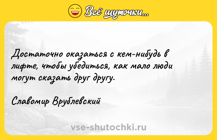 Цитата: Достаточно оказаться с кем-нибудь в лифте, чтобы убедиться, как мало люди могут сказать друг другу. Славомир Врублевский