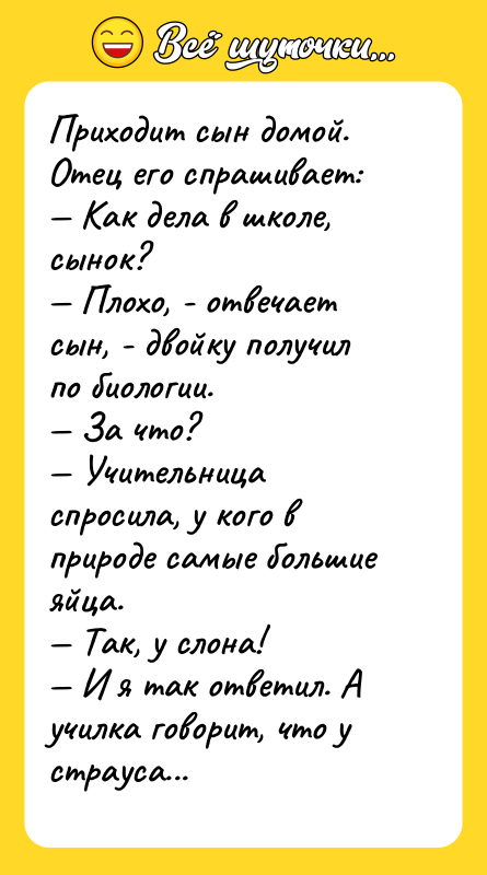 Приходит сын домой. Отец его спрашивает: — Как дела в