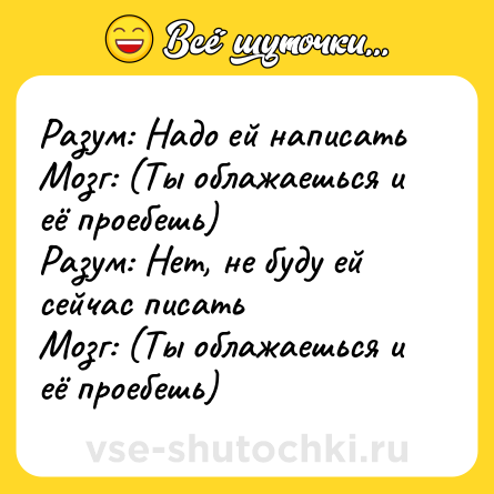 Шутка: Разум: Надо ей написать<br>Мозг: (Ты облажаешься и её проебешь)<br>Разум: Нет, не буду ей сейчас писать<br>Мозг: (Ты облажаешься и её проебешь)