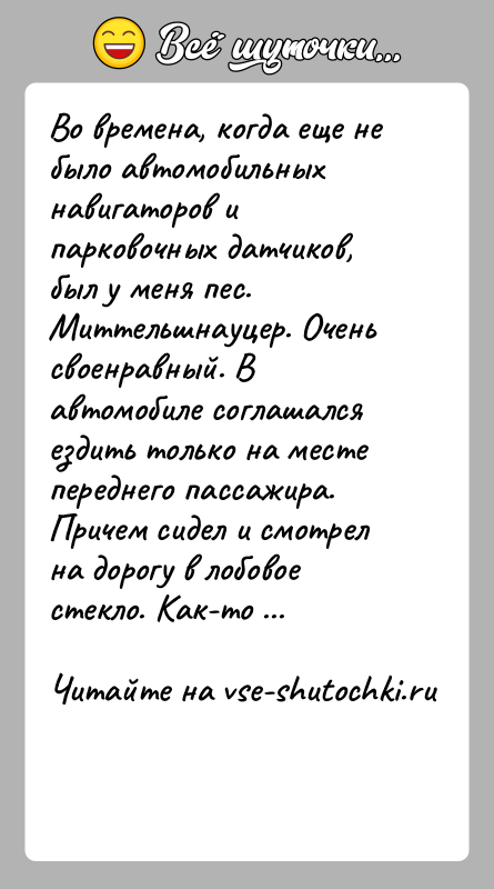 История: Во времена, когда еще не было автомобильных навигаторов и парковочных датчиков, был у меня пес. Миттельшнауцер. Очень своенравный. В автомобиле