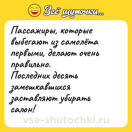 Шутка: Пассажиры, которые выбегают из самолёта первыми, делают очень правильно.<br>Последних десять замешкавшихся заставляют убирать салон!
