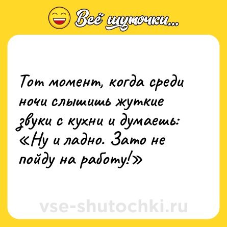Шутка: Тот момент, когда среди ночи слышишь жуткие звуки с кухни и думаешь: «Ну и ладно. Зато не пойду на работу!»