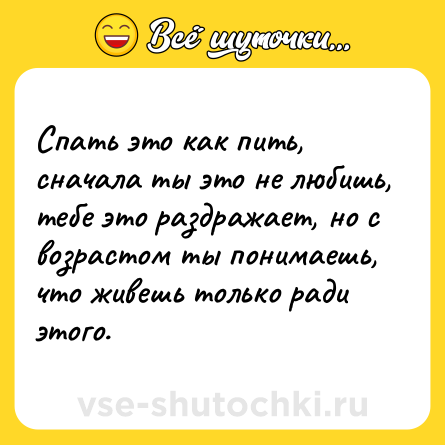 Шутка: Спать это как пить, сначала ты это не любишь, тебе это раздражает, но с возрастом ты понимаешь, что живешь только ради этого.