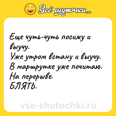 Шутка: Еще чуть-чуть посижу и выучу.<br>Уже утром встану и выучу.<br>В маршрутке уже почитаю.<br>На перерыве.<br>БЛЯТЬ.