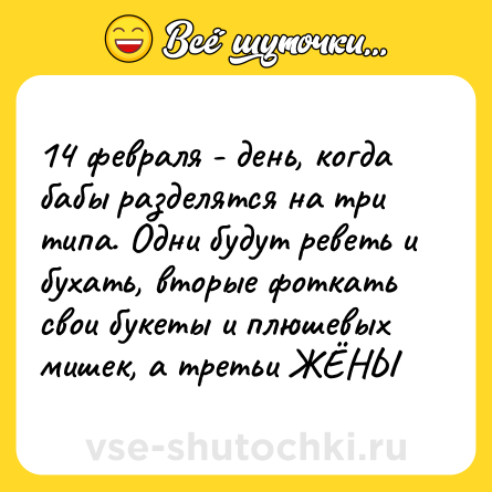 Шутка: 14 февраля - день, когда бабы разделятся на три типа. Одни будут реветь и бухать, вторые фоткать свои букеты и плюшевых мишек, а третьи ЖЁНЫ