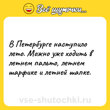 Шутка: В Петербурге наступило лето. Можно уже ходить в летнем пальто, летнем шарфике и летней шапке.