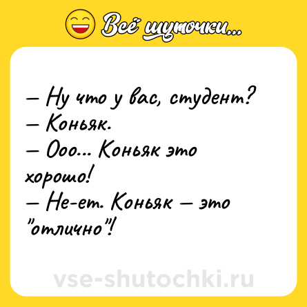 Шутка: — Ну что у вас, студент?<br>— Коньяк.<br>— Ооо... Коньяк это хорошо!<br>— Не-ет. Коньяк — это 