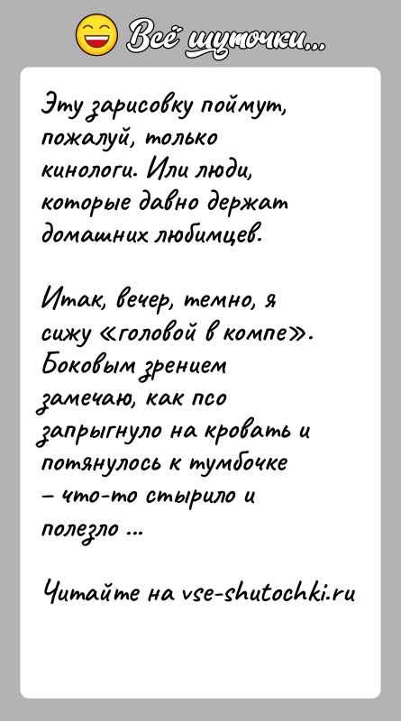 История: Эту зарисовку поймут, пожалуй, только кинологи. Или люди, которые давно держат домашних любимцев.Итак, вечер, темно, я сижу головой в компе .