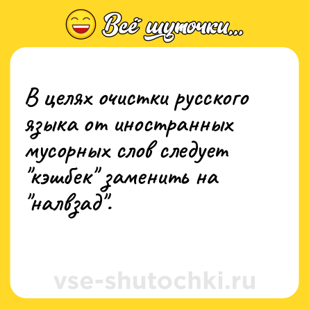 Шутка: В целях очистки русского языка от иностранных мусорных слов следует "кэшбек" заменить на "налвзад".<br>    