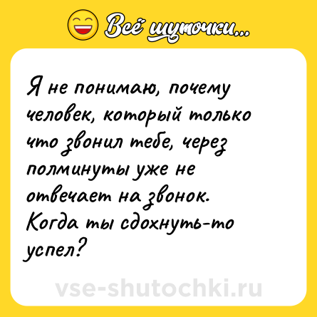 Шутка: Я не понимаю, почему человек, который только что звонил тебе, через полминуты уже не отвечает на звонок. Когда ты сдохнуть-то успел?