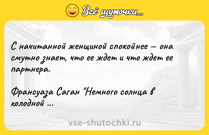 Цитата: С начитанной женщиной спокойнее она смутно знает, что ее ждет и что ждет ее партнера. Франсуаза Саган Немного солнца в холодной воде