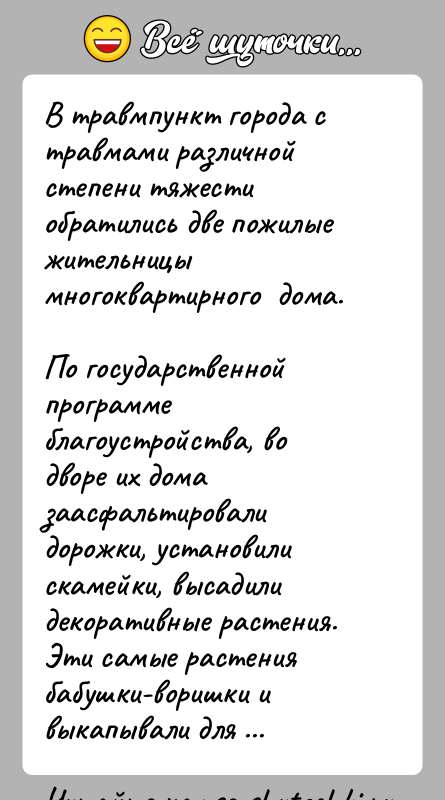 История: В травмпункт города с травмами различной степени тяжести обратились две пожилые жительницы многоквартирного дома. По государственной программе благоустройства, во