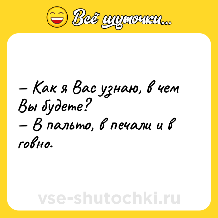 Шутка: — Как я Вас узнаю, в чем Вы будете?<br>— В пальто, в печали и в говно.